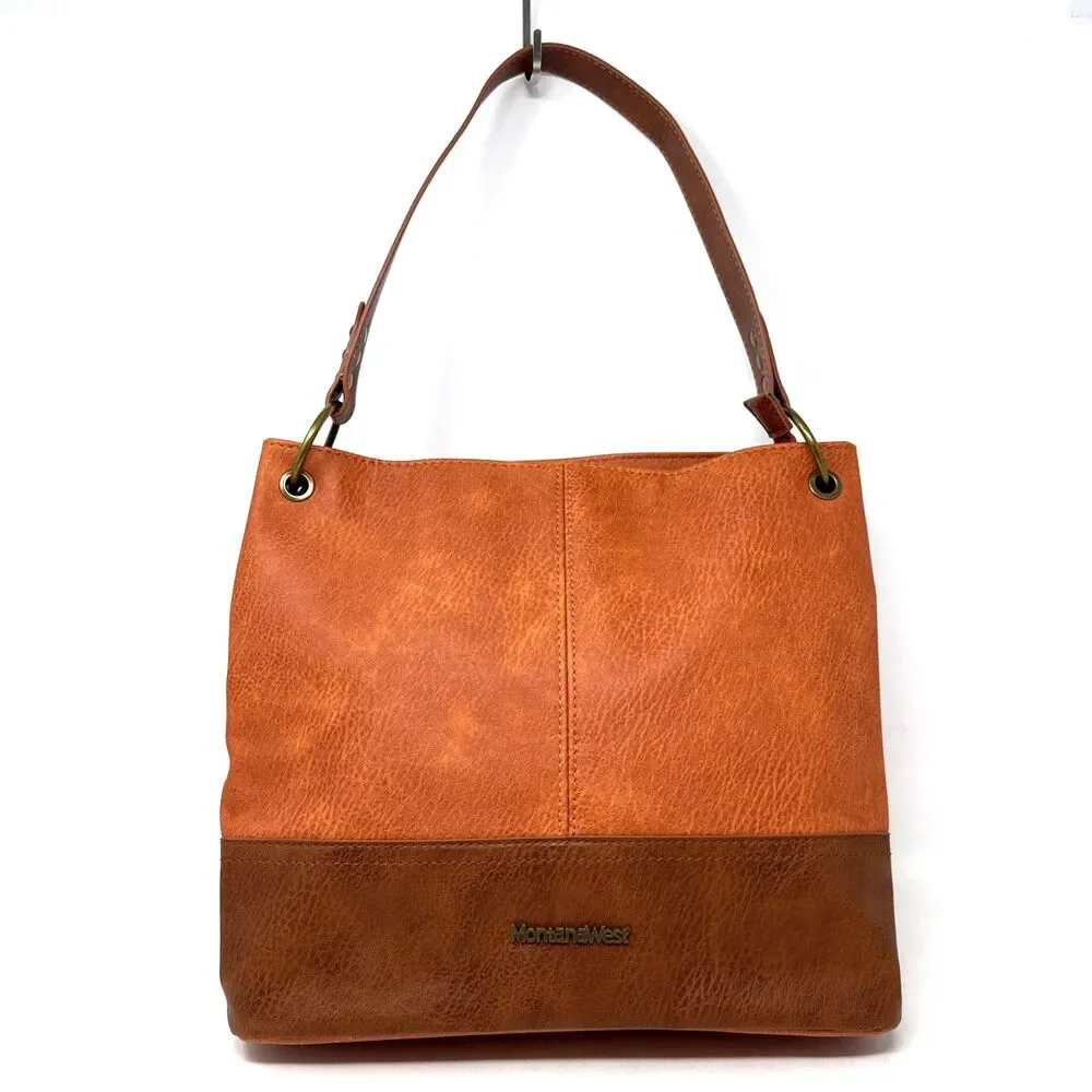 Montana West Hobo Tote Shoulder Bag Orange Brown Faux Leather Equestrian Lined